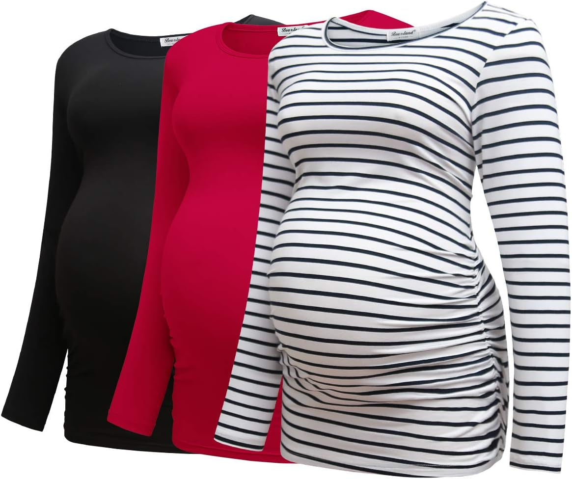 Bearsland Womens Maternity Long Sleeve Tshirt 3 Packs Classic Side Ruched Tee Top Mama Pregnancy Clothes