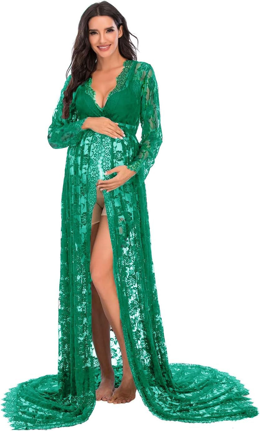 ZIUMUDY Maternity Deep V-Neck Split Front See-Through Maxi Lace Dress for Photography with Long Sleeve
