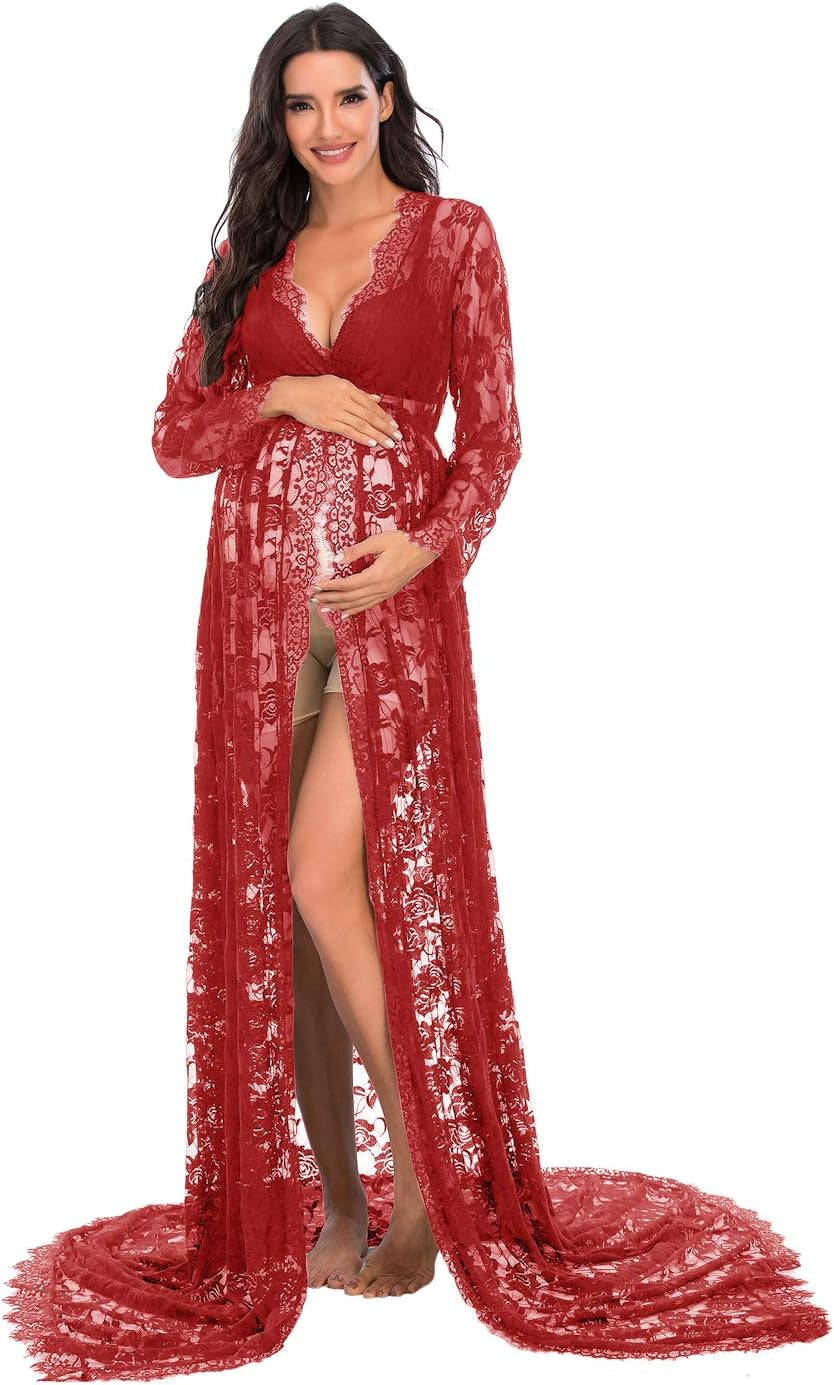 ZIUMUDY Maternity Deep V-Neck Split Front See-Through Maxi Lace Dress for Photography with Long Sleeve