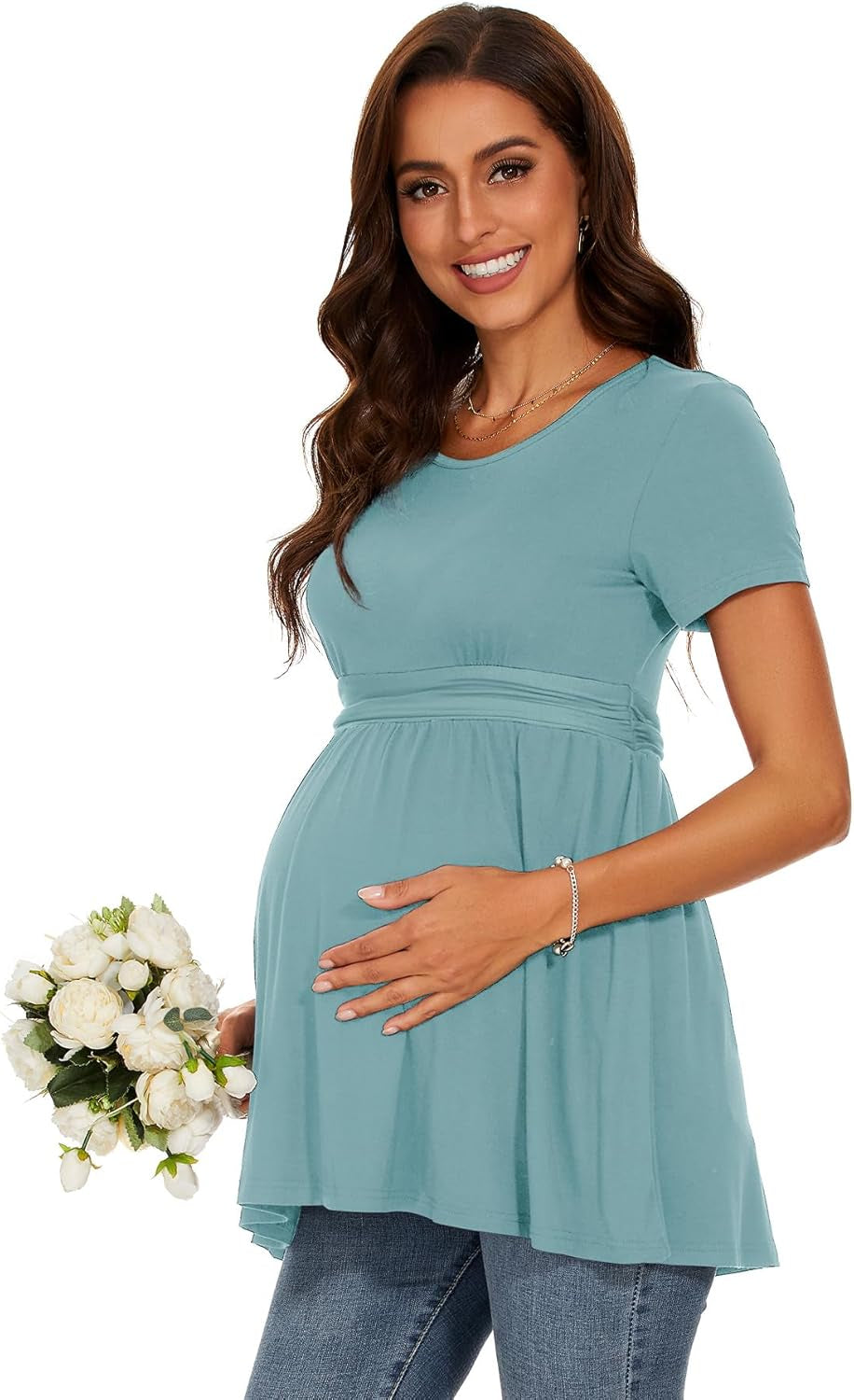 Women'S Maternity Tops Short & Long Sleeve Pleated Waist Shirts Pregnancy Clothes