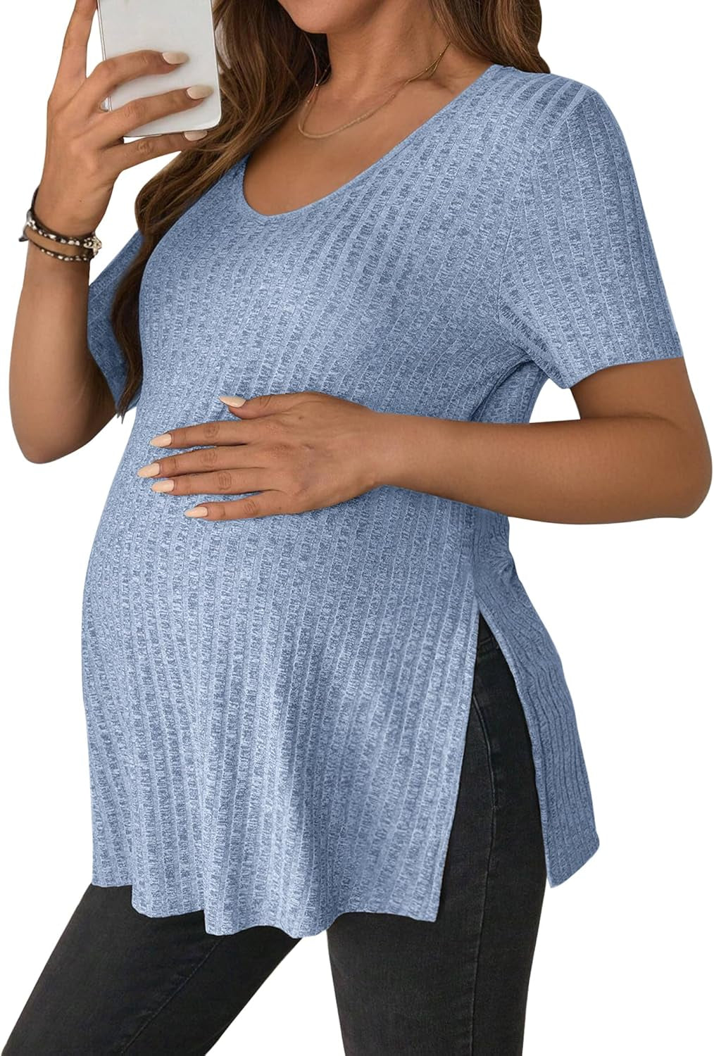 Jinigolla Women'S Maternity T Shirt Ribbed Knit Pregnancy Tops Side Split Casual Maternity Blouse