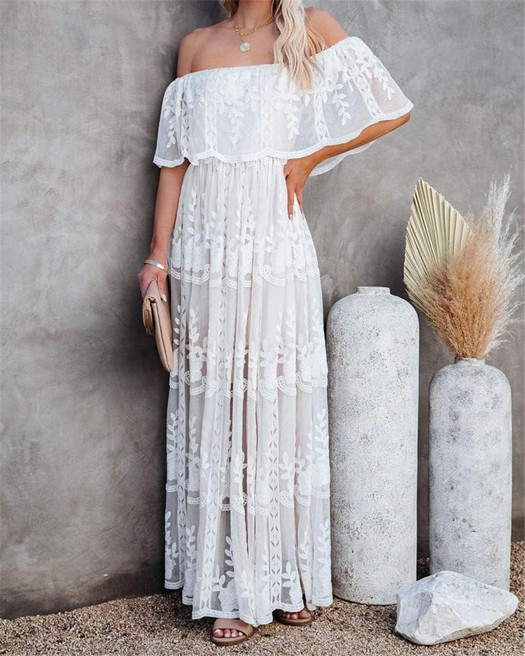HOYISHION Women'S off the Shoulder Floral Lace Maxi Dress White Bridesmaid Wedding Party Maternity Photoshoot Long Dresses