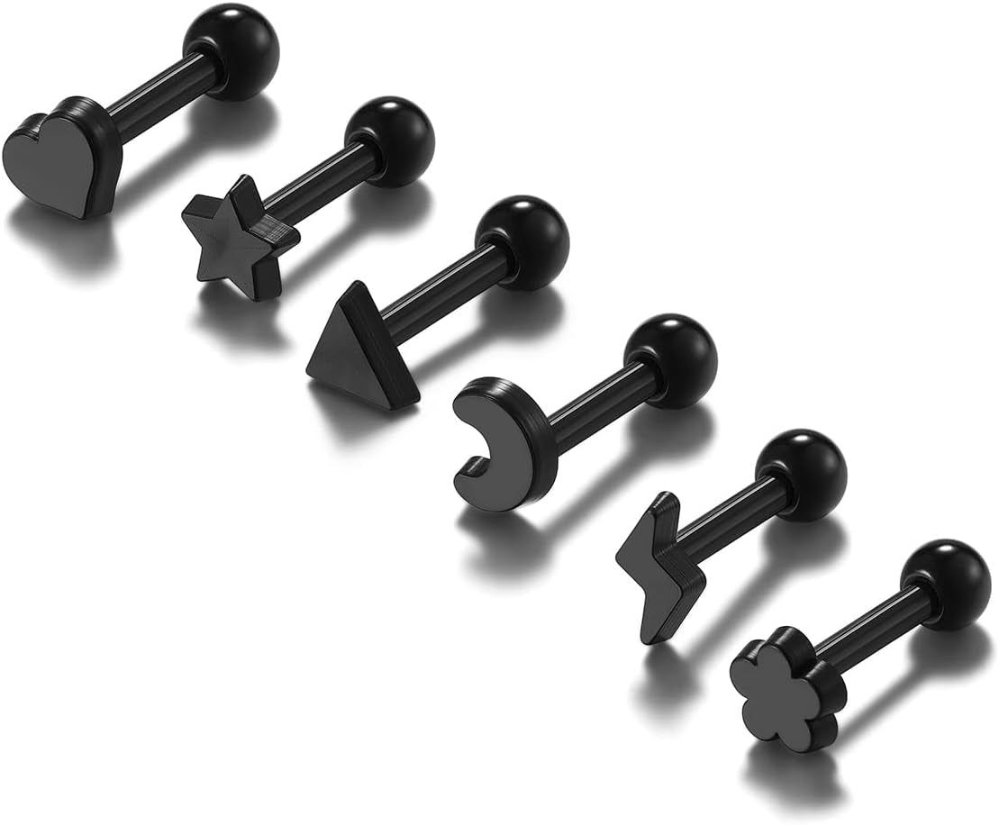 Piercingj Clear Acrylic Cartilage Earrings 16G Plastic Tongue Tragus Ring Cute Heart Star Nose Lip Stud Barbell Black Helix Piercing Retainer for Sports Surgery Work