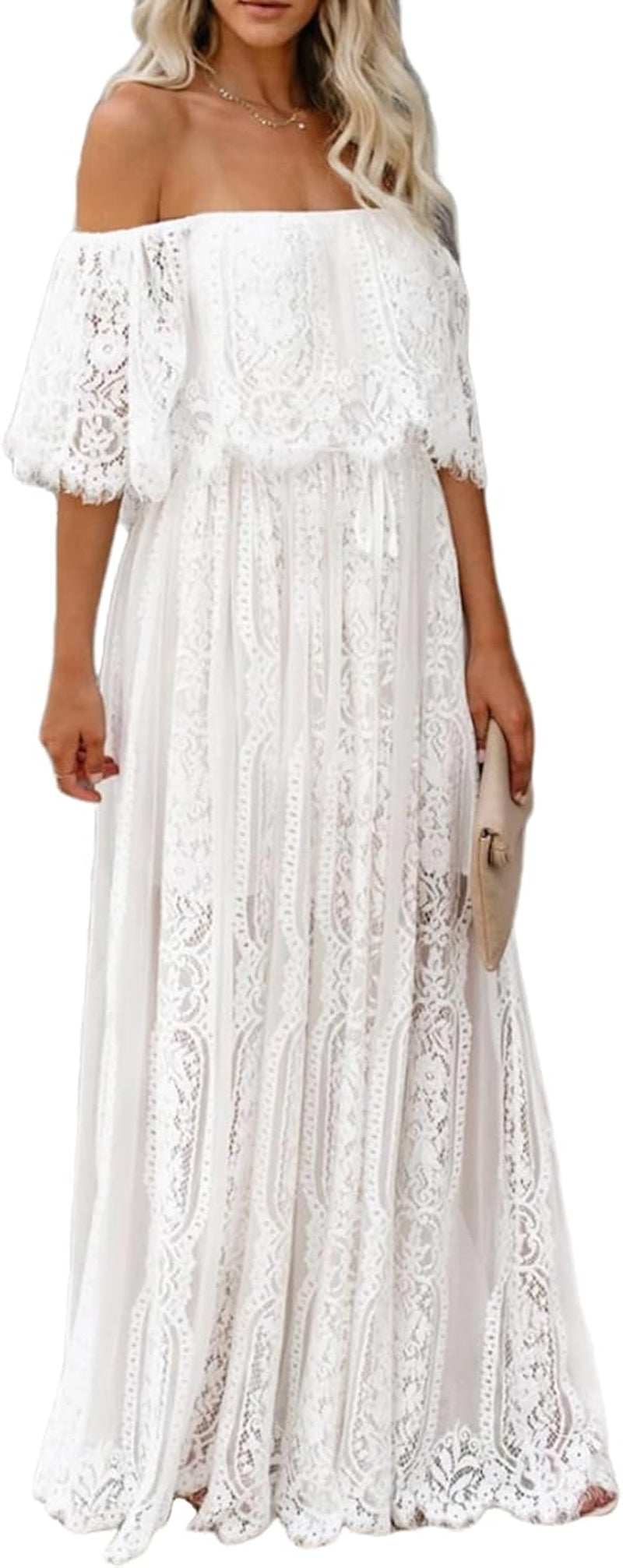 HOYISHION Women'S off the Shoulder Floral Lace Maxi Dress White Bridesmaid Wedding Party Maternity Photoshoot Long Dresses
