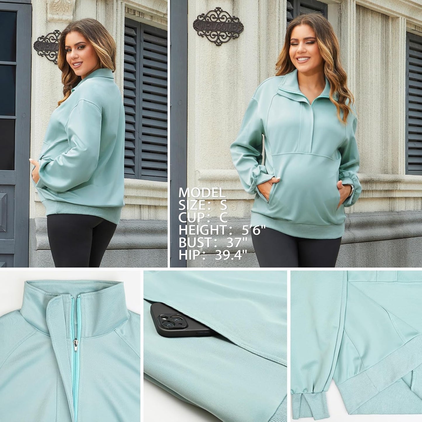 Bhome Maternity Sweatshirt Half Zip Pullover Lapel Shirt Long Sleeve Tunic with Pockets