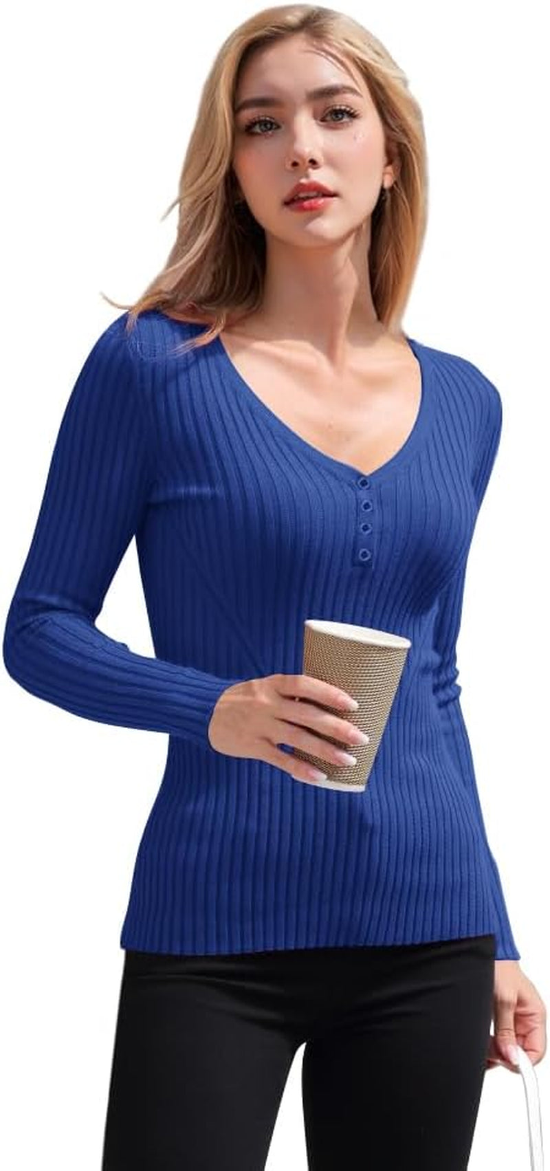V28 Women Tops Long Sleeve V Neck Henley Button up Casual Sexy Slim Fit Ribbed Knit Knitwear Pullover Sweater