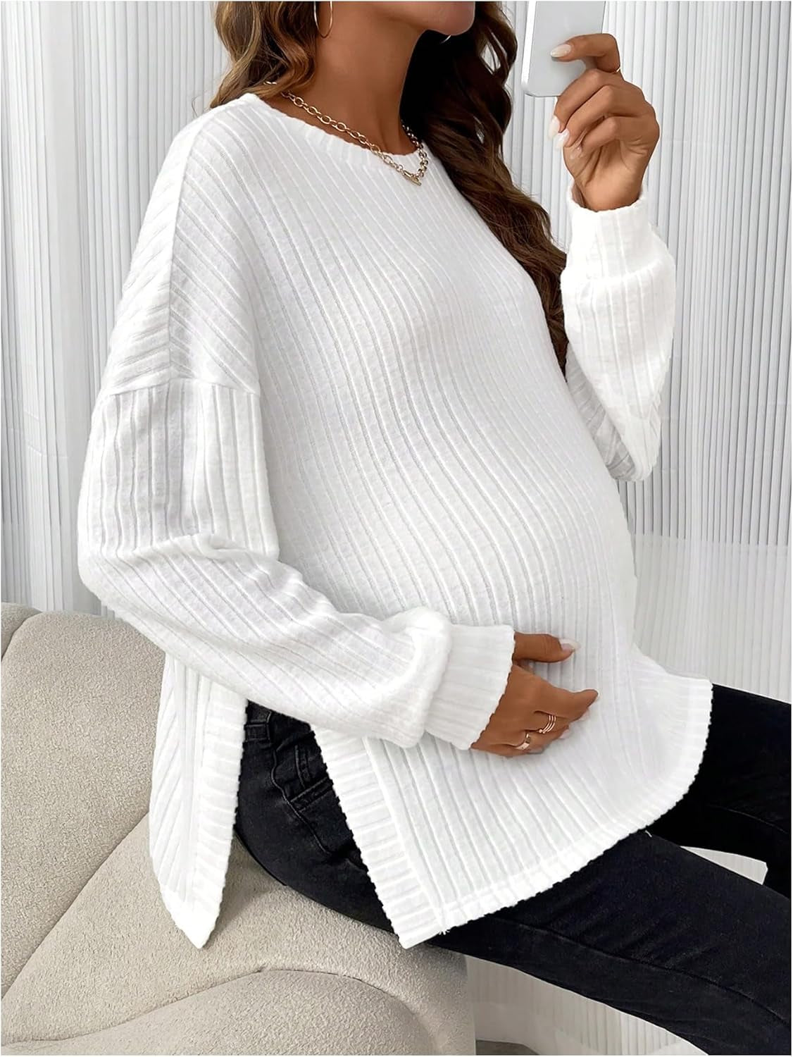 Women'S Maternity Knit Tops round Neck Split Hem Long Sleeve Pullover Ribbed Sweater