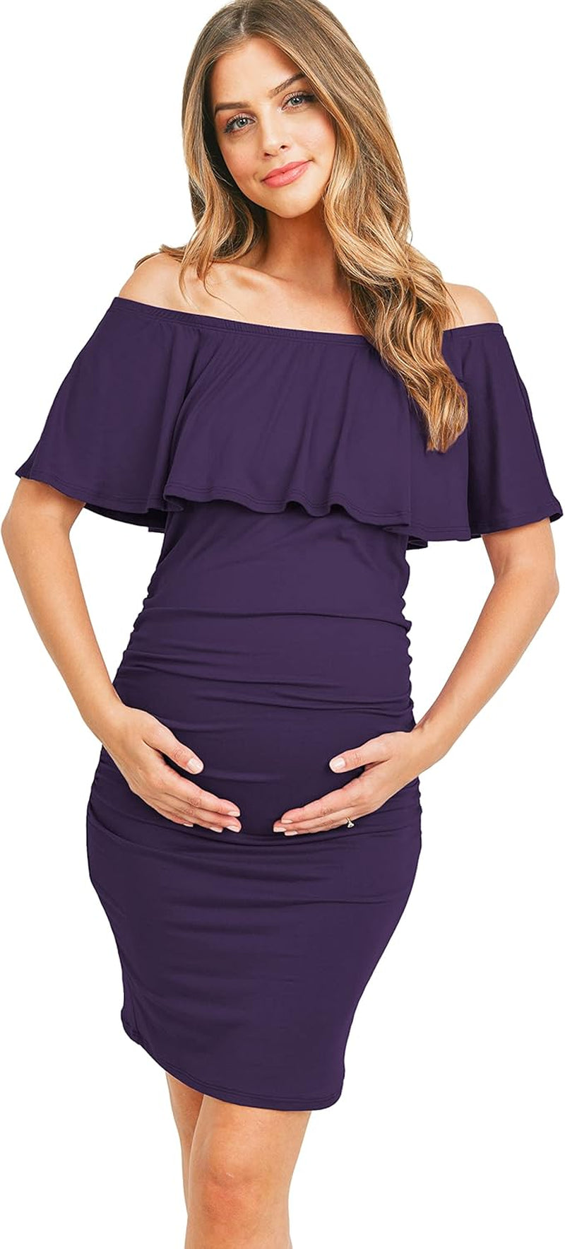 Hello MIZ Women'S Floral Ruffle off Shoulder Maternity Dress - Made in USA