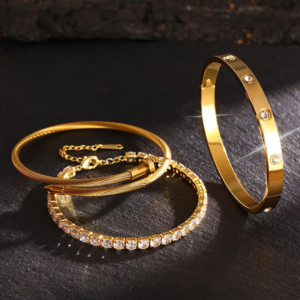 Junvirtuous 3-Pack Gold Bracelets for Women,18K Gold Plated Bangle Tennis Bracelets Stack Set for Women Trendy Non Tarnish Stainless Steel Gold Bangles Accessories Designer Jewelry Pulseras Para Mujer