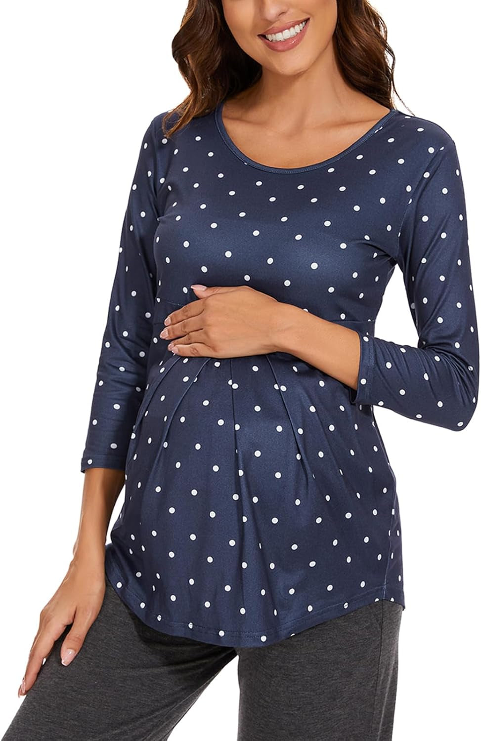 Glampunch Women'S Maternity Tops Short & 3/4 Sleeve round Neck Front Pleat Peplum Tunic Top Pregnancy Shirts