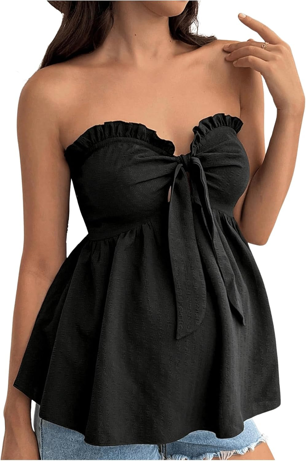 GORGLITTER Women'S Maternity Strapless Tube Top Frill Trim Knot Front Peplum Ruffle Tops