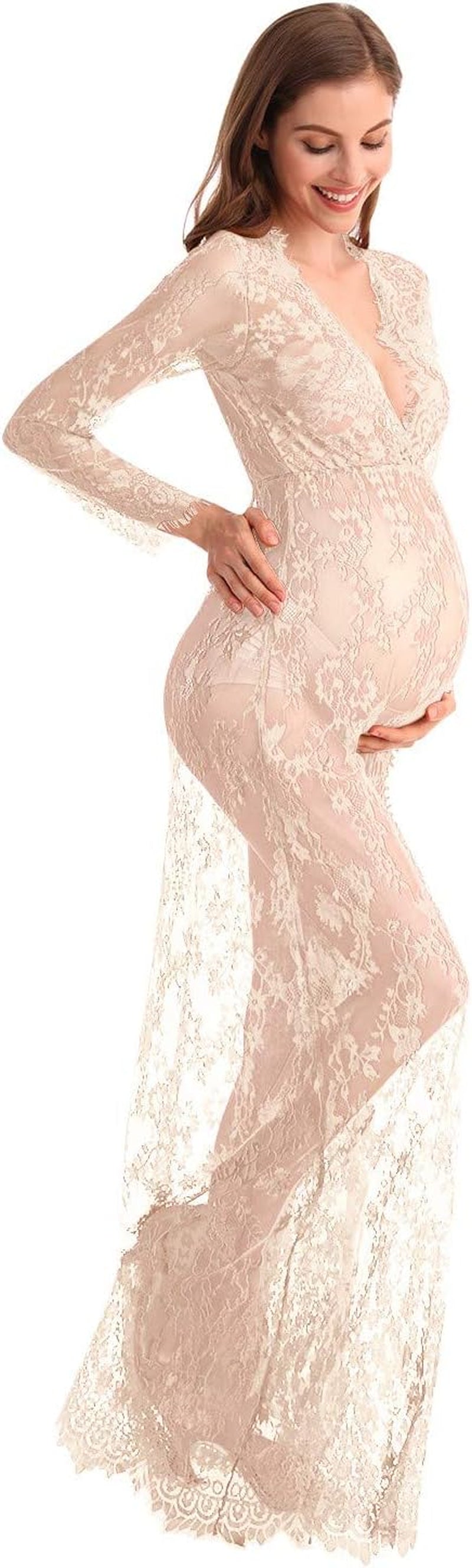 MYRISAM Boudoir Maternity Long Sleeve Lace Dress Women Deep V-Neck Wedding Party Long Dress Milk Bath Photoshoot Gown