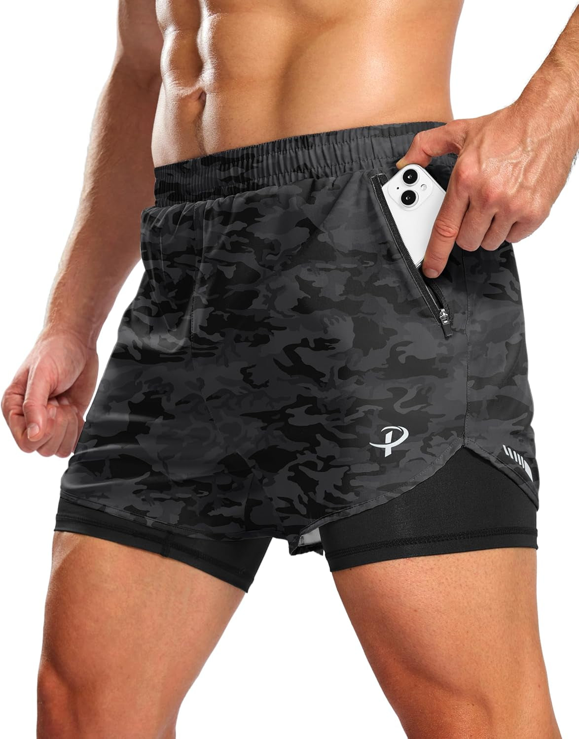 Pudolla Men'S 2 in 1 Workout Running Shorts 5" with Zipper Phone Pockets Quick Dry Gym Athletic Shorts with Compression Liner