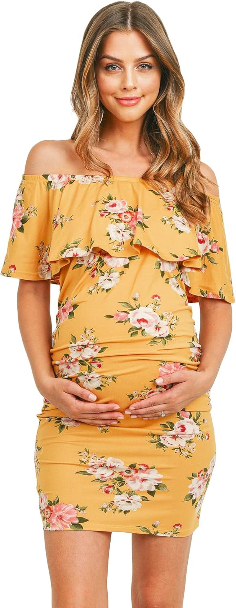 Hello MIZ Women'S Floral Ruffle off Shoulder Maternity Dress - Made in USA