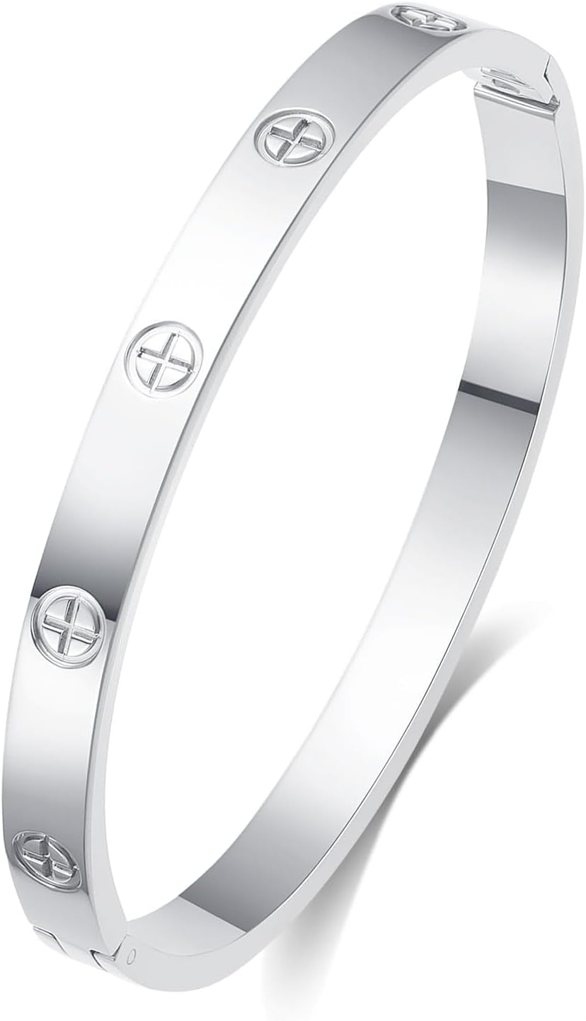 18K Gold-Plated Love Bangle Bracelets for Women, Silver Cross Bangle Bracelets, Waterproof Stainless Steel Friendship Jewelry, Valentines Christmas Birthday Gifts for Her