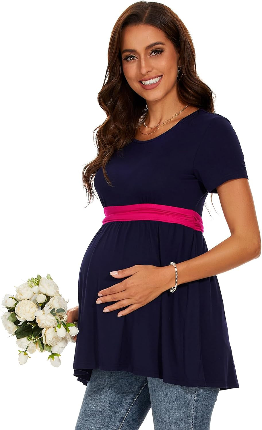 Women'S Maternity Tops Short & Long Sleeve Pleated Waist Shirts Pregnancy Clothes