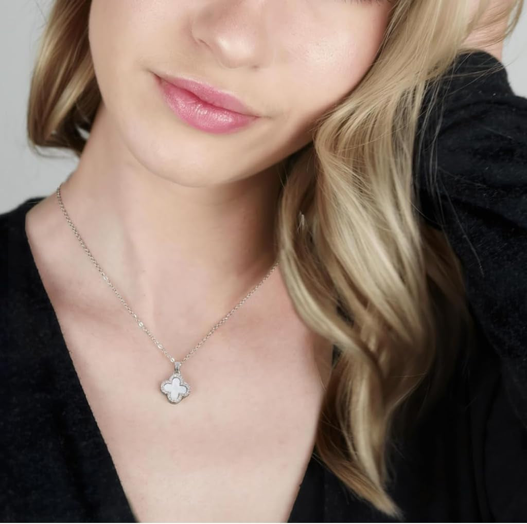 18K Gold Plated Clover Necklace, Crystal Rhinestone Inlay, Trendy Cute Simple Jewelry Gifts for Women