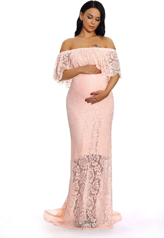 ZIUMUDY Women'S off Shoulder Ruffles Lace Maternity Gown Maxi Photography Baby Shower Dress