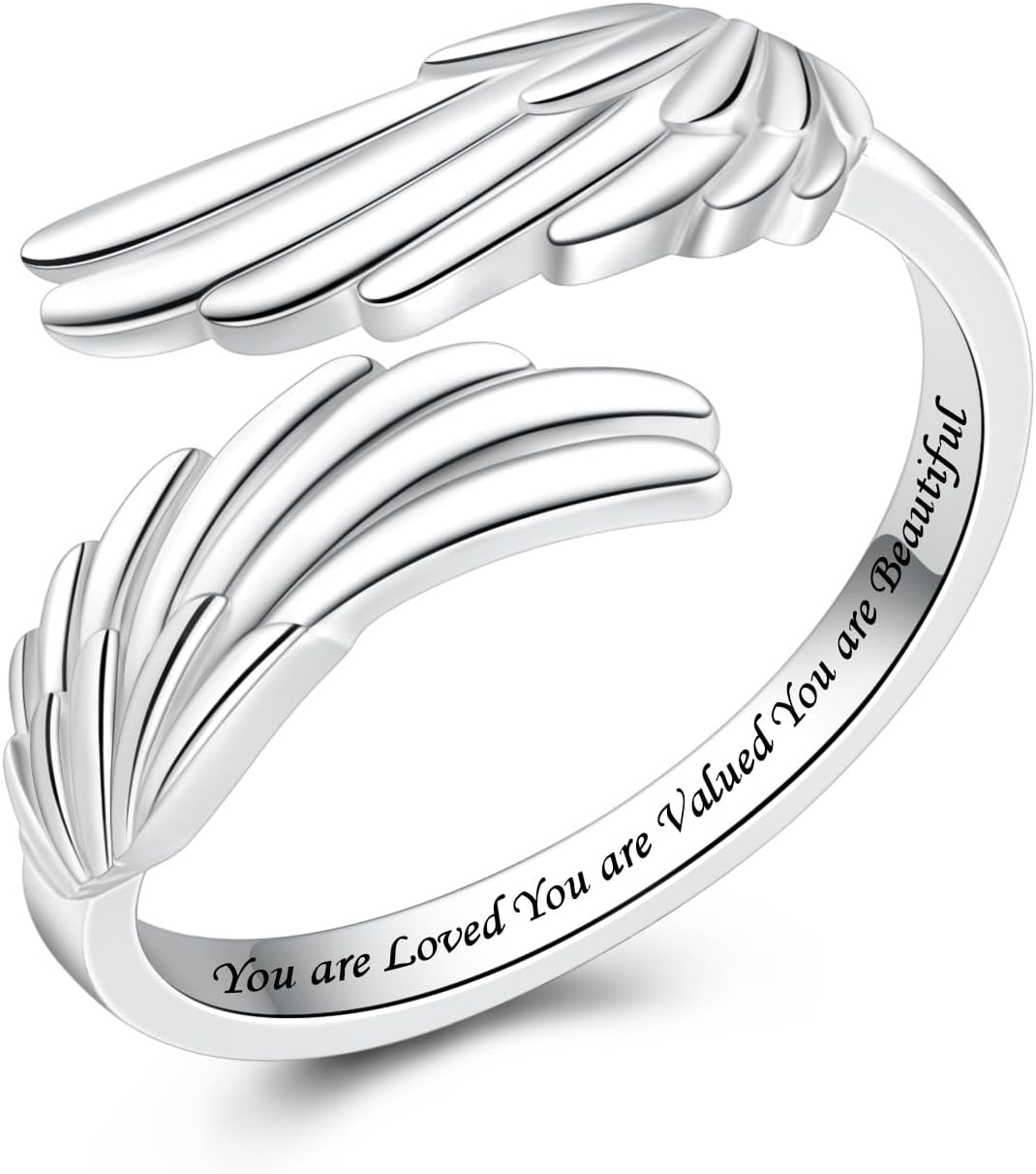 YLT 925 Sterling Silver Feather Angel Wings Ring Adjustable Dainty Wrap Open Thumb Rings for Women