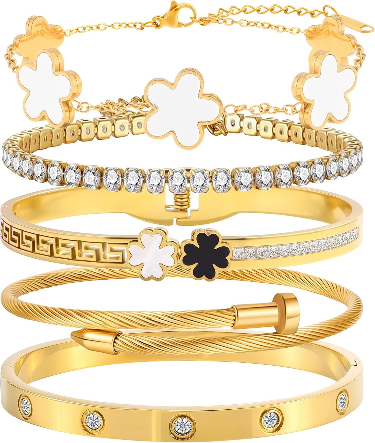 5Pcs Gold Stackable Bracelet Set for Women - Stainless Steel Non-Tarnish Clover Lucky Charm Jewelry, Trendy Gift for Girlfriend/Wife on Christmas Valentine’S Birthday