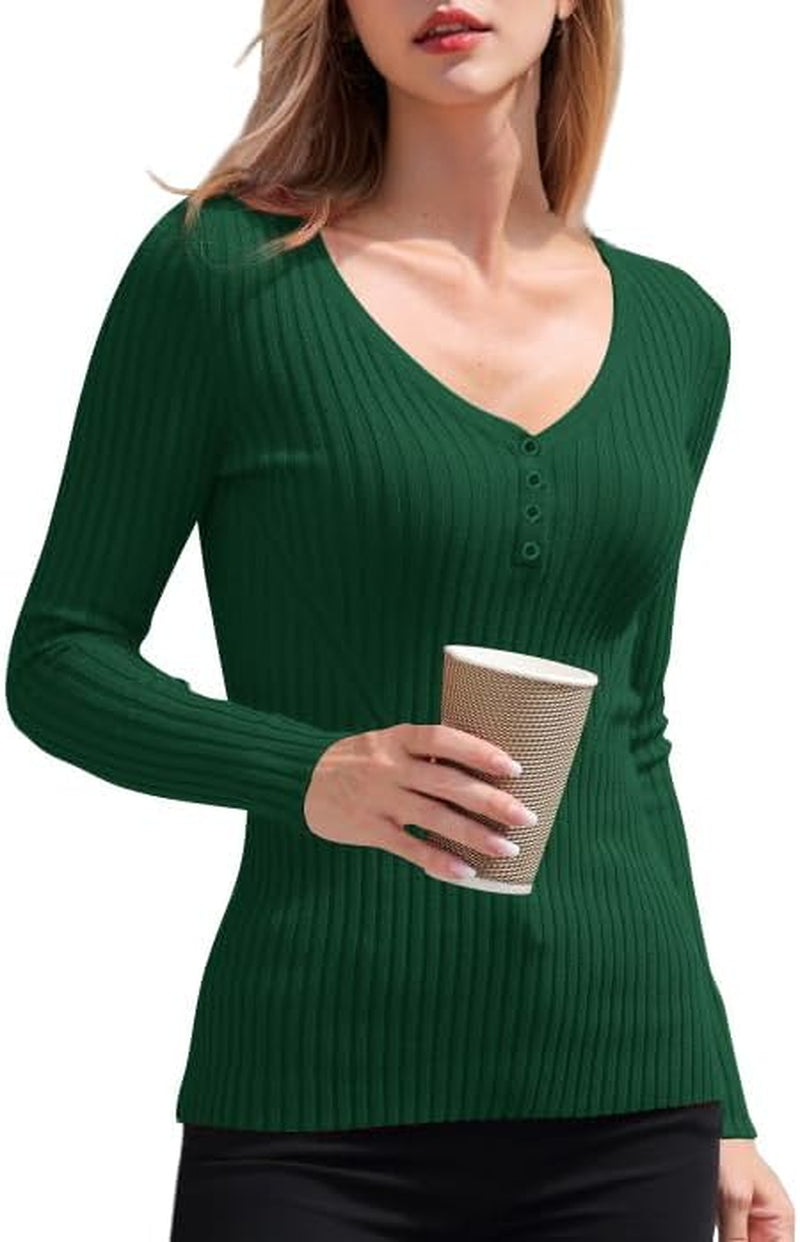 V28 Women Tops Long Sleeve V Neck Henley Button up Casual Sexy Slim Fit Ribbed Knit Knitwear Pullover Sweater
