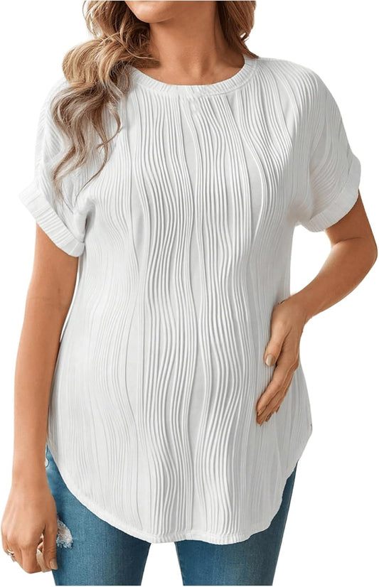 OYOANGLE Women'S Casual Maternity T-Shirt Textured Short Sleeve Crew Neck Loose Tunic Top Pregnancy Blouse Tee