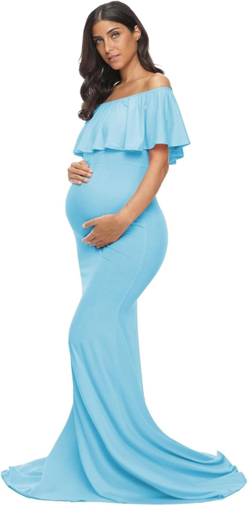Glampunch Womens off Shoulder Maternity Dress Ruffles Elegant Slim Gowns Fit Maxi Photography Dress