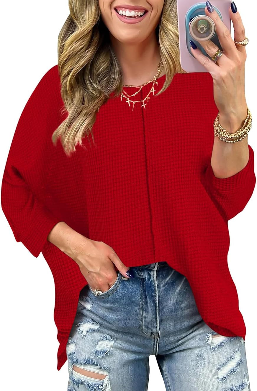 Poetsky Womens 2025 Spring 3/4 Sleeve Crewneck Waffle Knit Shirt Loose Casual Side Split Tunic Tops