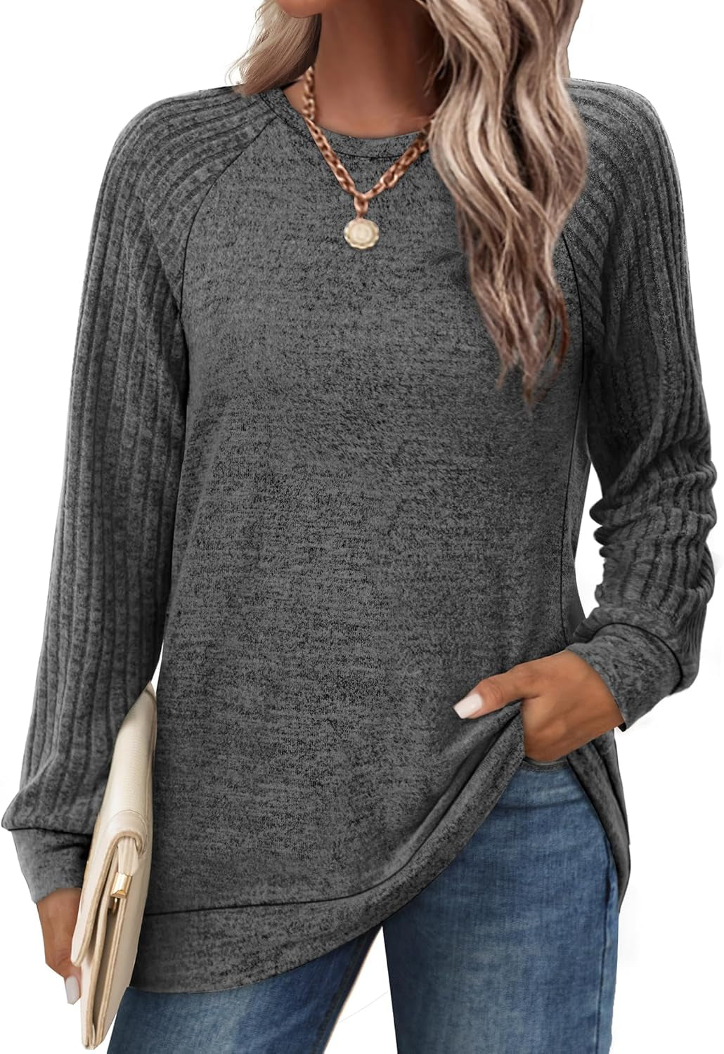 Saloogoe Tunic Sweatshirts for Women Crewneck Lightweight Sweaters Raglan Long Sleeve Shirts Fall Fashion Tops 2024