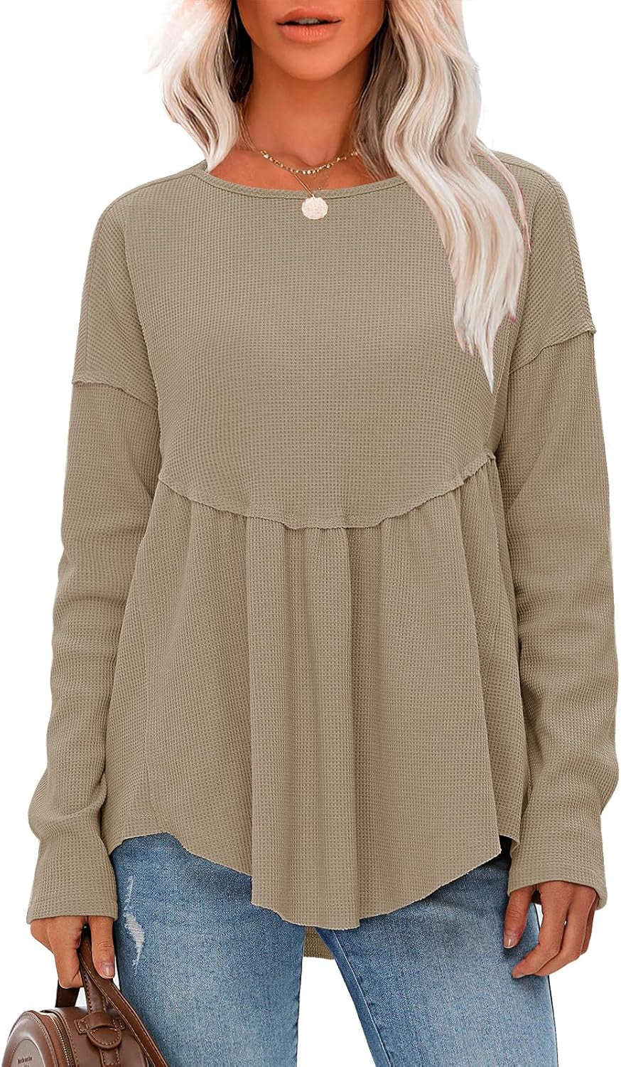 EXLURA Waffle Knit Long Sleeve Shirts for Womens Crewneck Loose Babydoll Tunic Tops Maternity Tops Fall Fashion 2025 Clothes