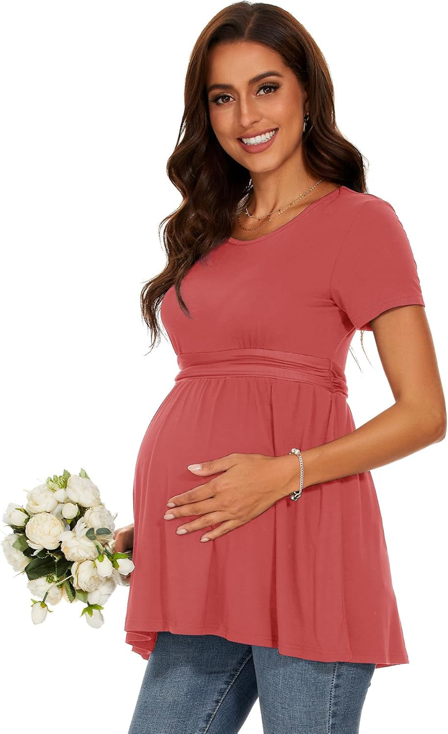 Women'S Maternity Tops Short & Long Sleeve Pleated Waist Shirts Pregnancy Clothes