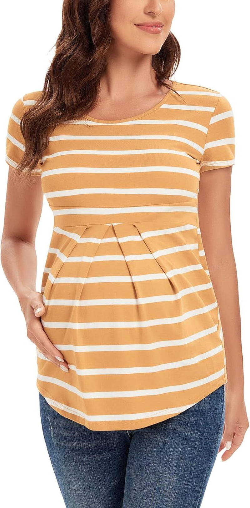 Glampunch Women'S Maternity Tops Short & 3/4 Sleeve round Neck Front Pleat Peplum Tunic Top Pregnancy Shirts