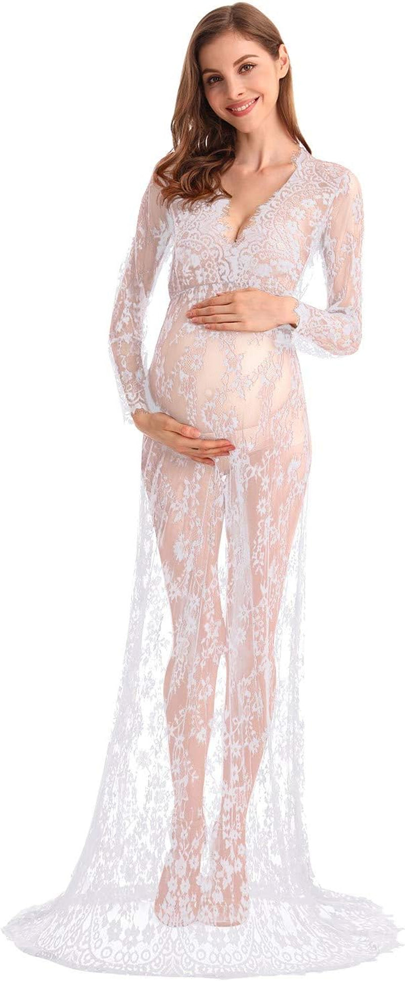 MYRISAM Boudoir Maternity Long Sleeve Lace Dress Women Deep V-Neck Wedding Party Long Dress Milk Bath Photoshoot Gown