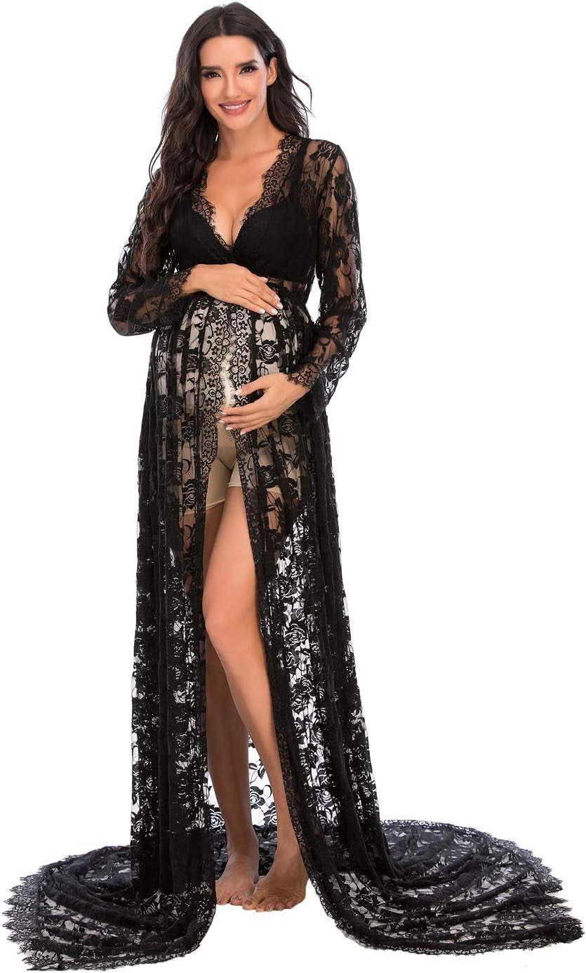 ZIUMUDY Maternity Deep V-Neck Split Front See-Through Maxi Lace Dress for Photography with Long Sleeve