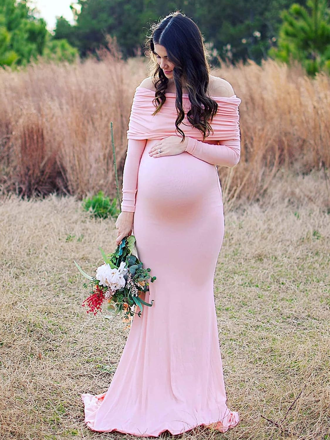 Glampunch off Shoulders Maternity Dress Long Sleeve Ruched Maternity Gown Baby Shower Photography Pregnant Dress