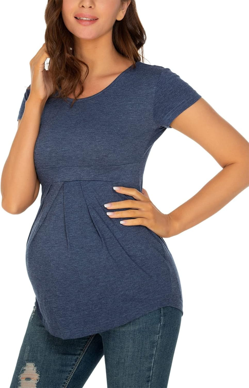 Glampunch Women'S Maternity Tops Short & 3/4 Sleeve round Neck Front Pleat Peplum Tunic Top Pregnancy Shirts