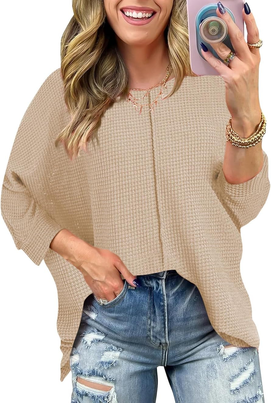 Poetsky Womens 2025 Spring 3/4 Sleeve Crewneck Waffle Knit Shirt Loose Casual Side Split Tunic Tops