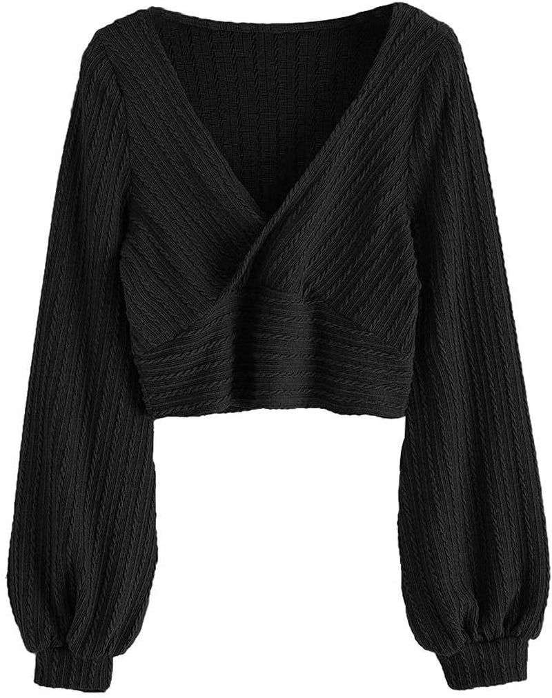 ZAFUL Women'S Pullover Ribbed Cropped Knitwear Drawstring Ruched Knitted Crop Top Solid V-Neck Long Sleeve T-Shirt