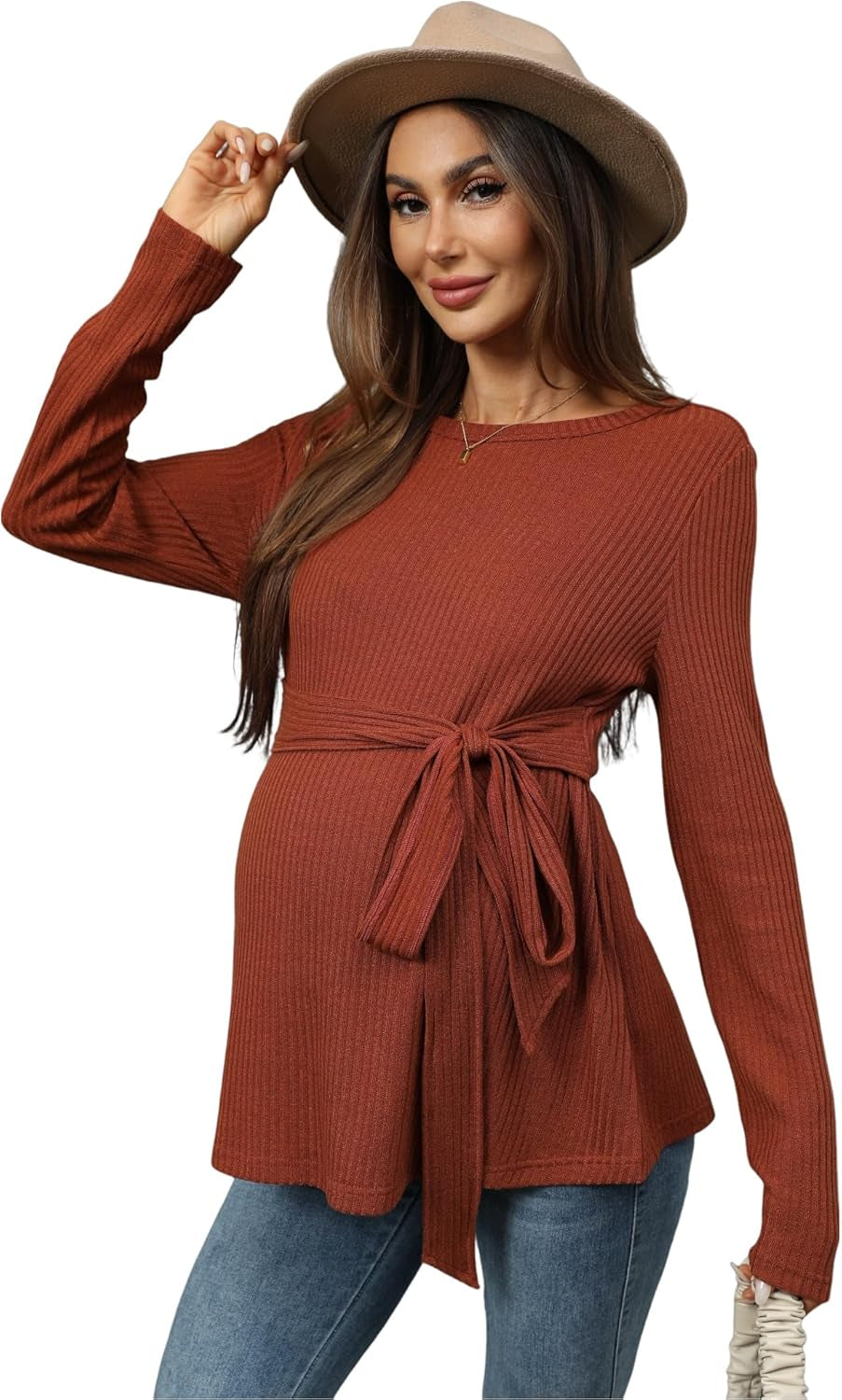 Makemechic Women'S Maternity Shirts Casual Long Sleeve Tie Front Ribbed Knit Pregnancy Tee Top