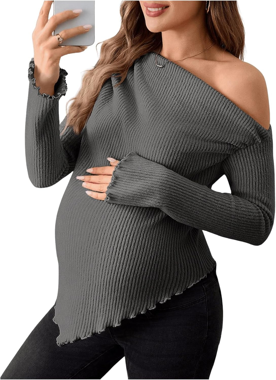 Makemechic Women'S Maternity Tops One Shoulder Ruched Asymmetrical Lettuce Trim Pregnancy Rib Knit Tee Shirt