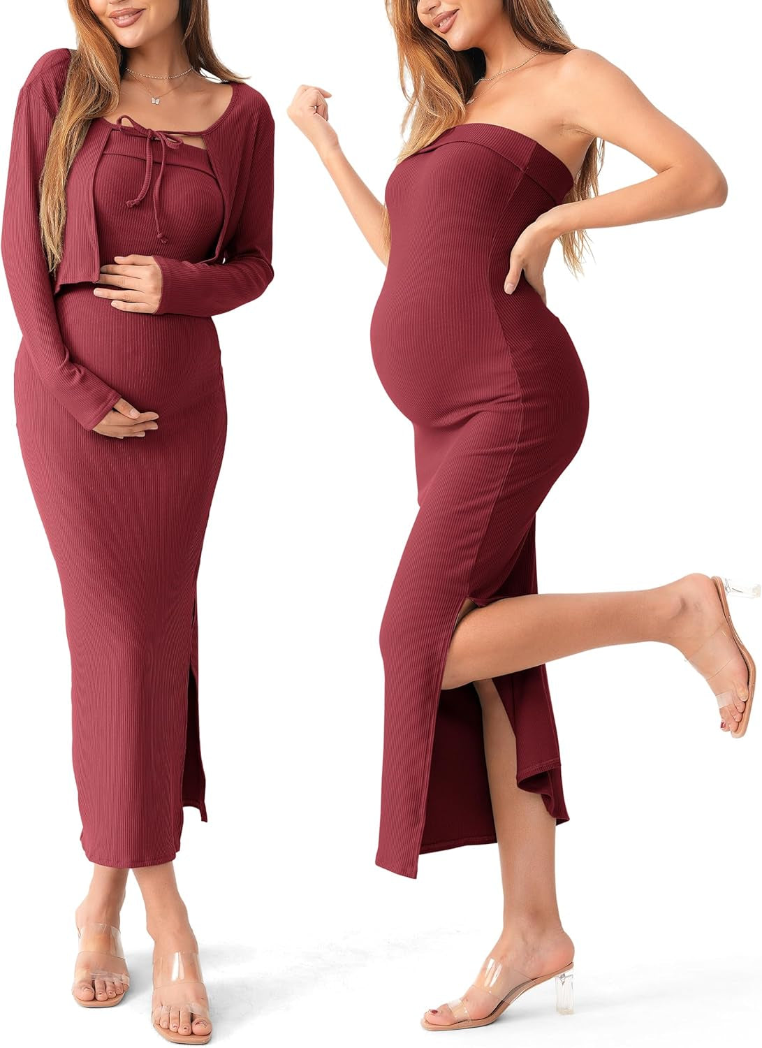 SUNNYBUY Baby Shower Maternity Tube Dress Short Cardigan Bodycon Ribbed Maxi Dress Casual 2 Piece Pregnancy Outfit Set