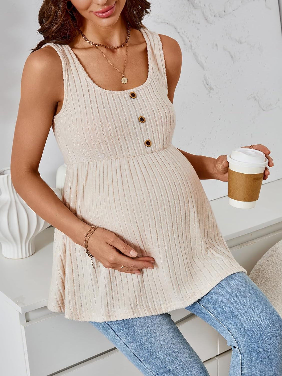 Makemechic Women'S Maternity Tank Tops Summer Rib Knitted Flared Hem Sleeveless Buttoned Pregnancy Shirt Tops