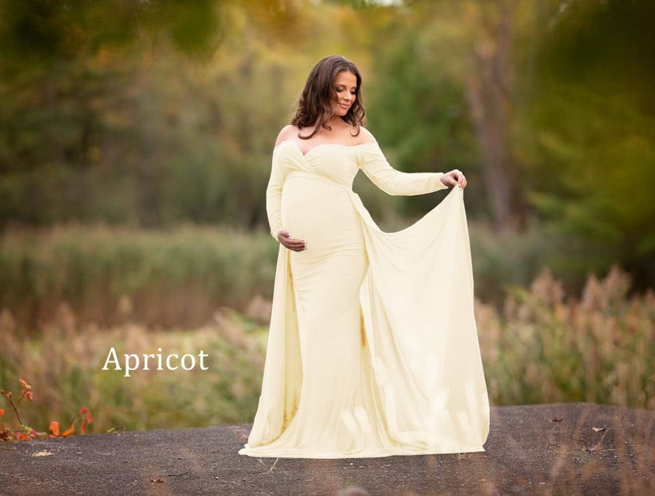 ZIUMUDY Maternity off Shoulder Long Sleeve Fitted Gown Maxi Chiffon Dress for Photo Shoot Baby Shower