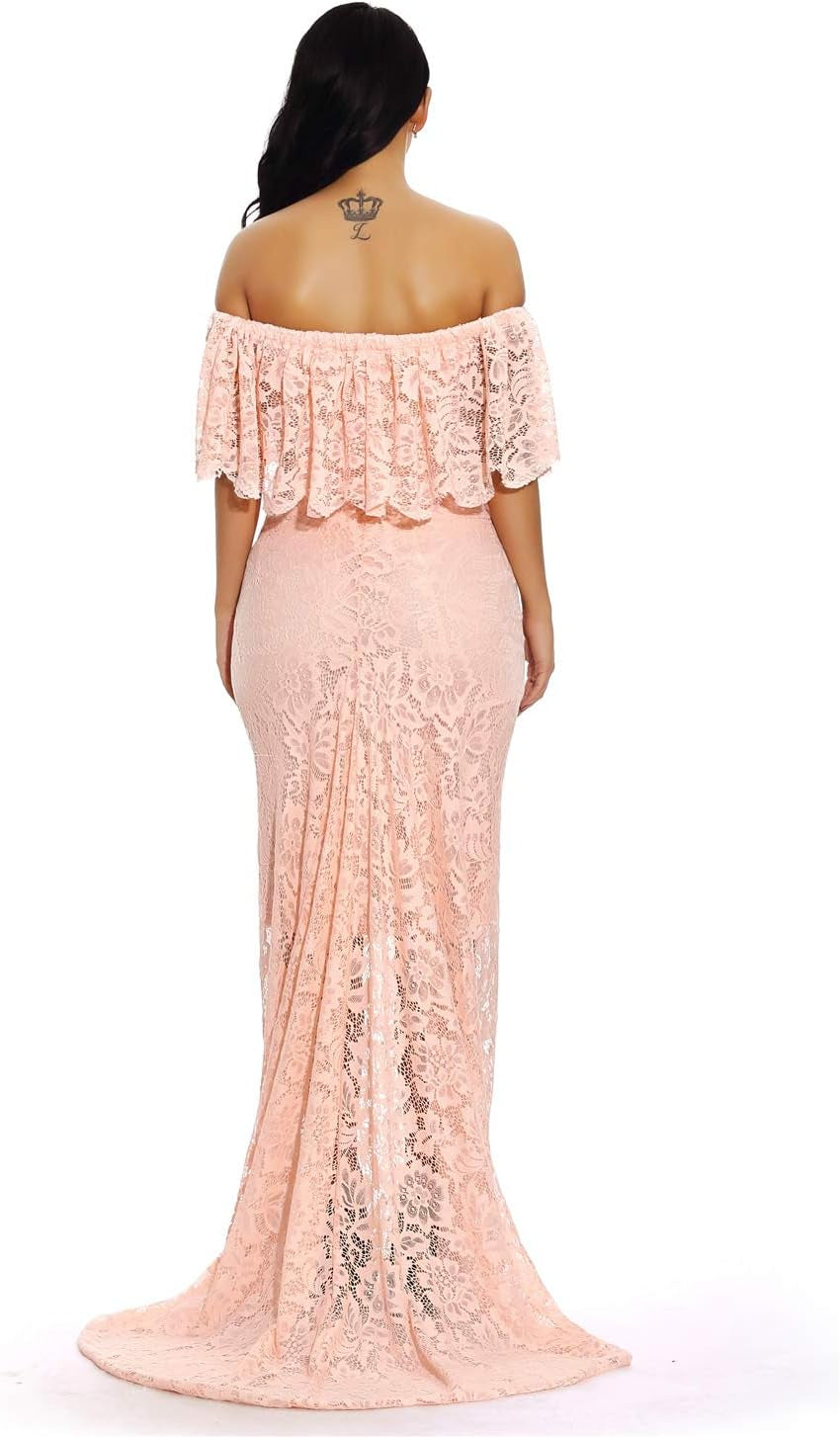 ZIUMUDY Women'S off Shoulder Ruffles Lace Maternity Gown Maxi Photography Baby Shower Dress