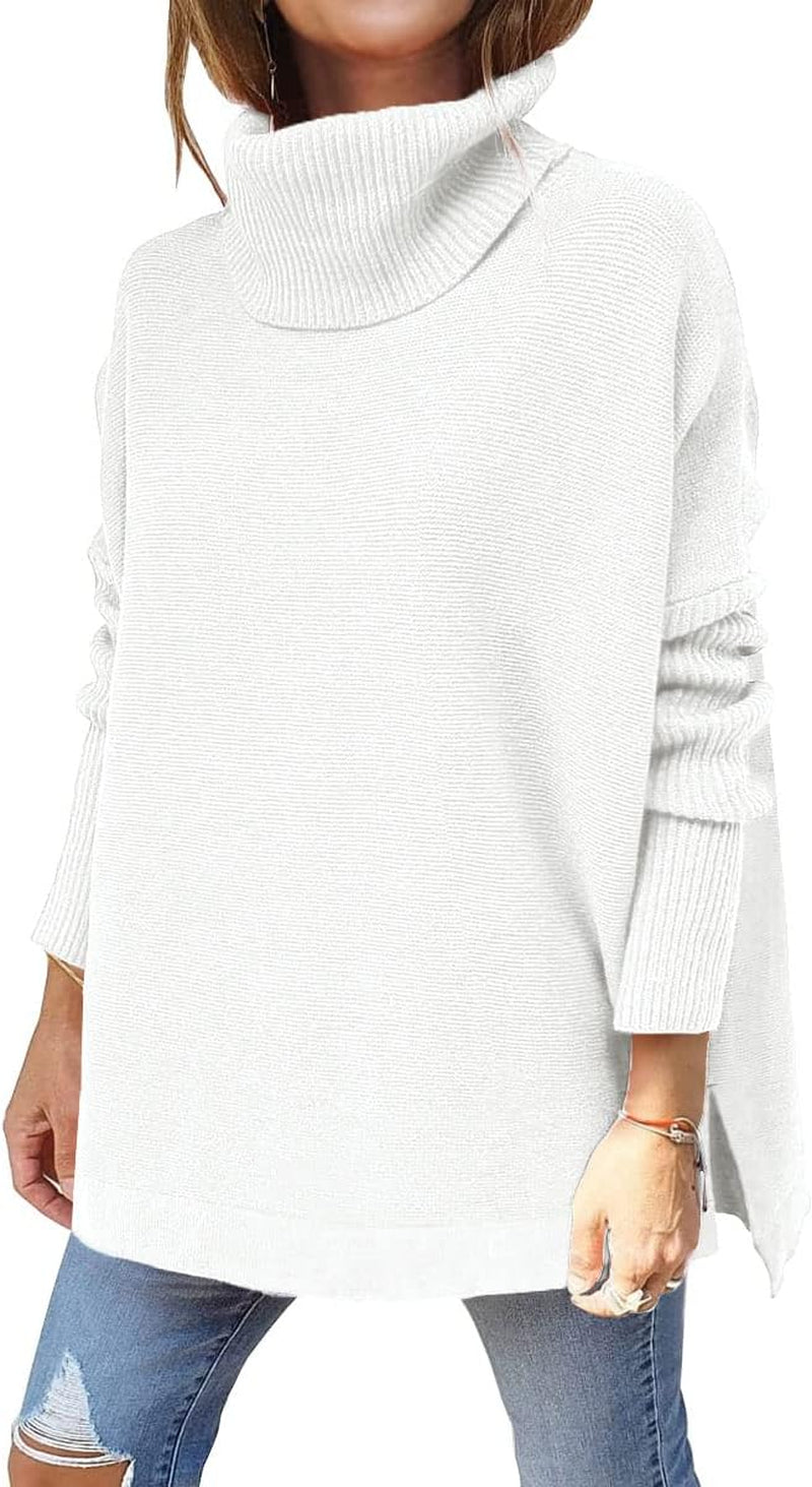 LILLUSORY Women'S Turtleneck Oversized Sweaters Long Batwing Sleeve Spilt Hem Tunic Pullover Knit Tops