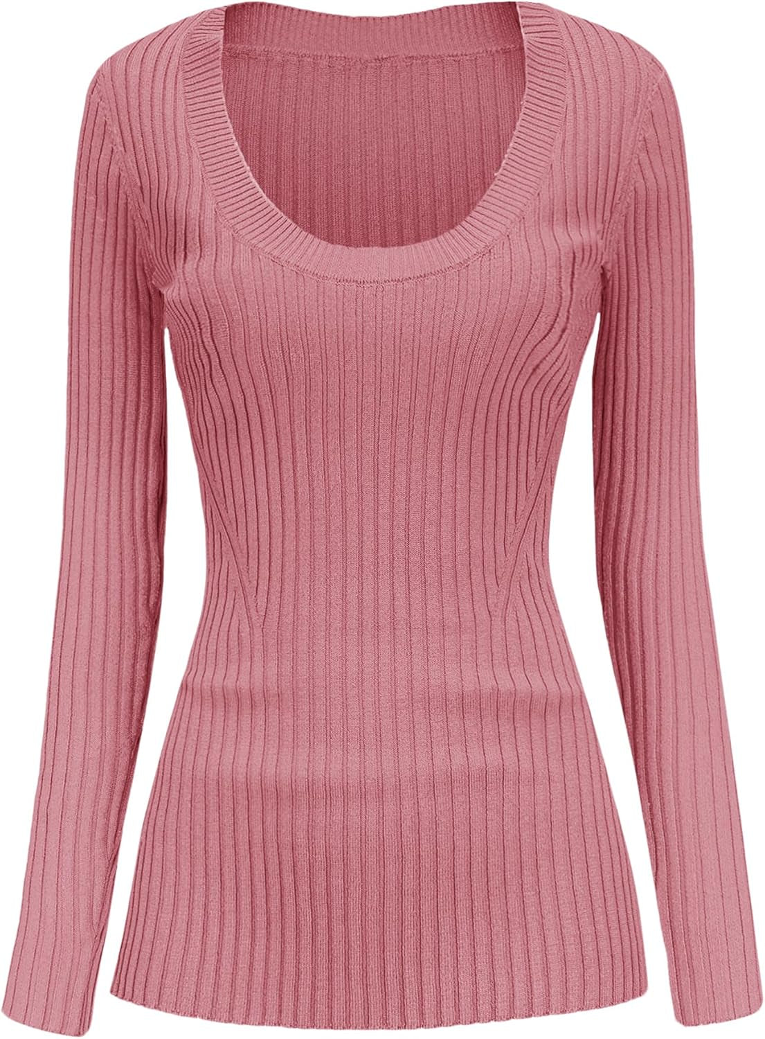 V28 Women Scoop Neck U-Neck Knit Long Sleeve Slim Fit Ribbed Sweater Tops