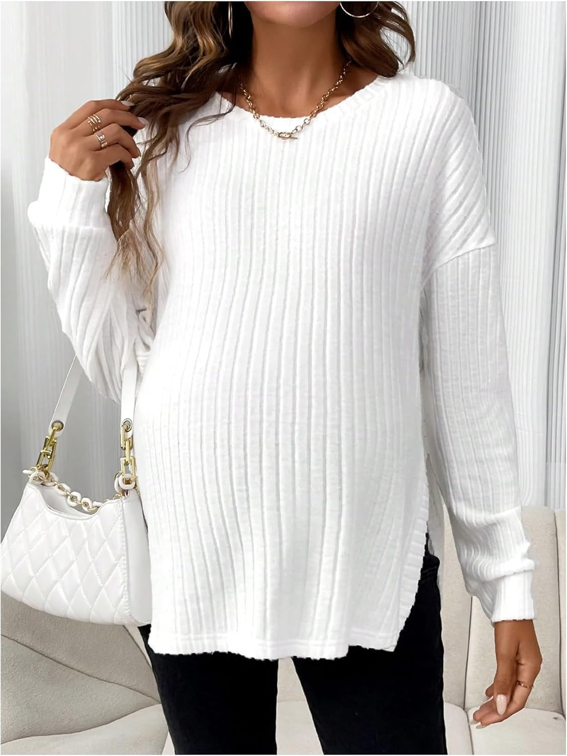 Women'S Maternity Knit Tops round Neck Split Hem Long Sleeve Pullover Ribbed Sweater