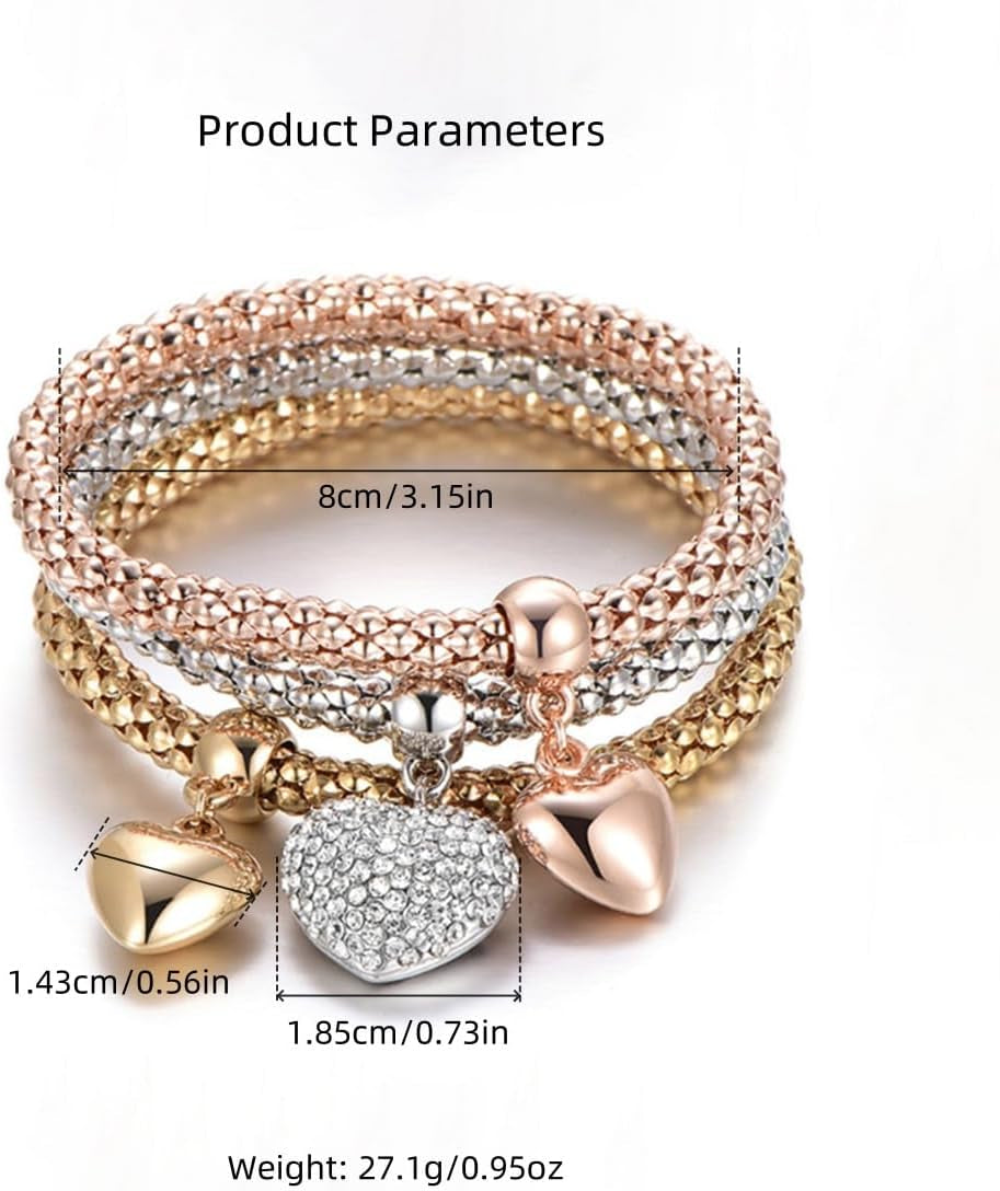 Hebelee 3 PCS Love Heart Pendant Wrist Bangles Bracelets Set for Women Clear Crystal Resin Corn Stacking Wristband Elastic Adjustable Cuff Wrap Bracelet Lightweight Retro Chic Geometric Jewelry