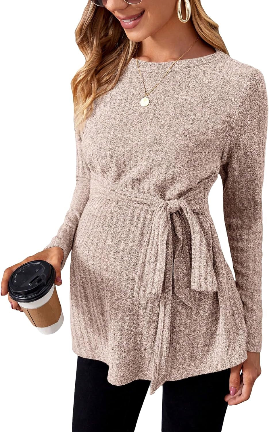 Makemechic Women'S Maternity Shirts Casual Long Sleeve Tie Front Ribbed Knit Pregnancy Tee Top