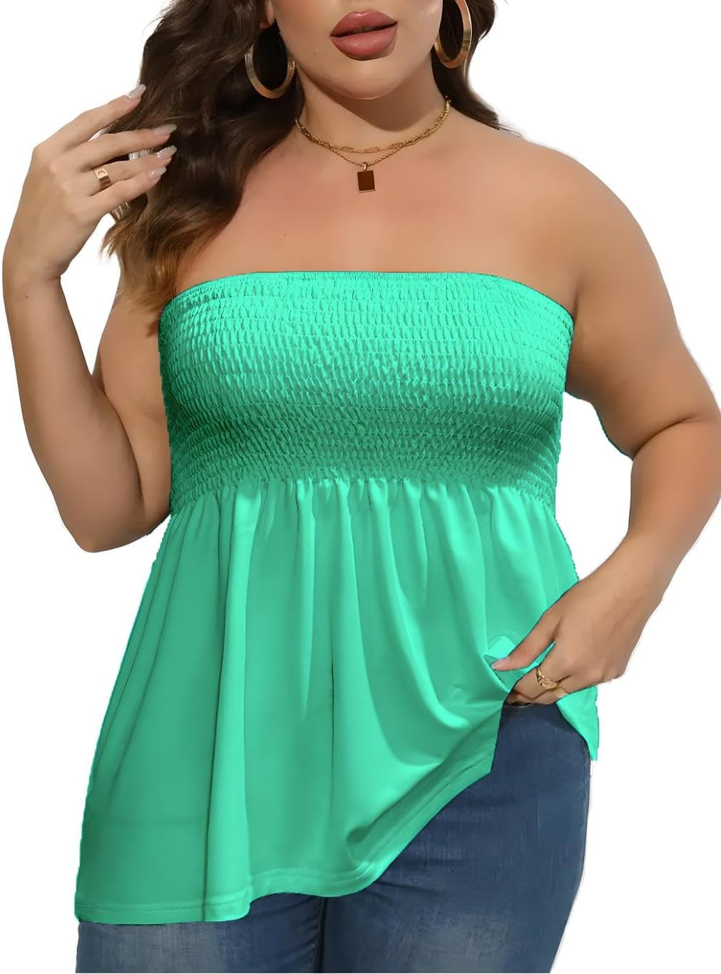 Comeon Women'S plus Size Tube Tops Strapless Blouse Pleated Sleeveless Stretchy Sleeveless Flare Hem Tube
